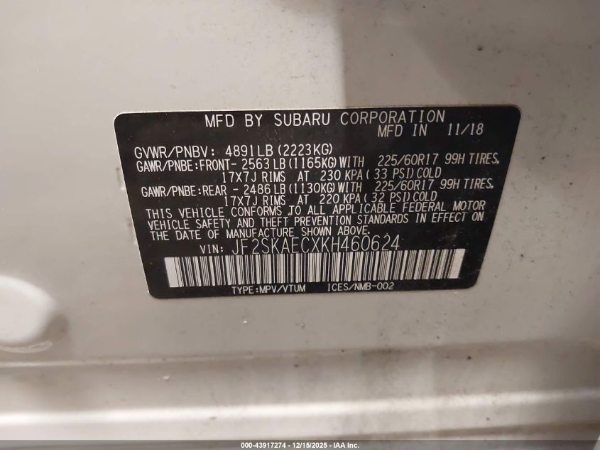 2019 Subaru Forester Premium VIN: JF2SKAECXKH460624 Lot: 43917274