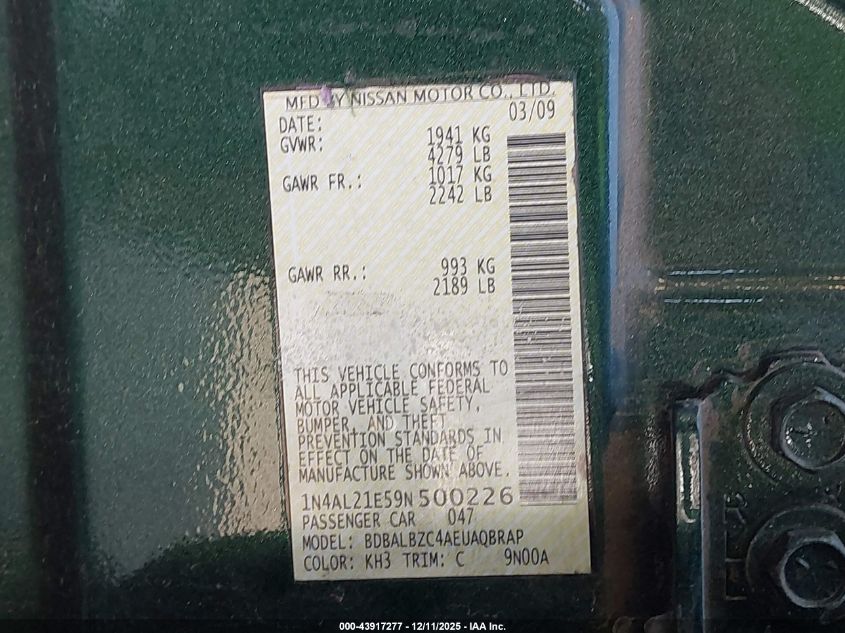 2009 Nissan Altima 2.5 S VIN: 1N4AL21E59N500226 Lot: 43917277