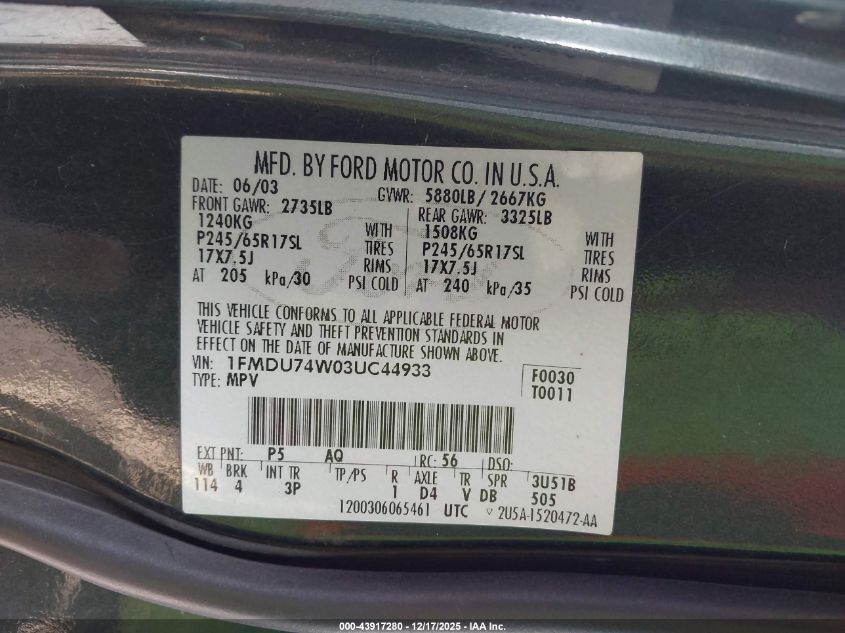 2003 Ford Explorer Eddie Bauer VIN: 1FMDU74W03UC44933 Lot: 43917280