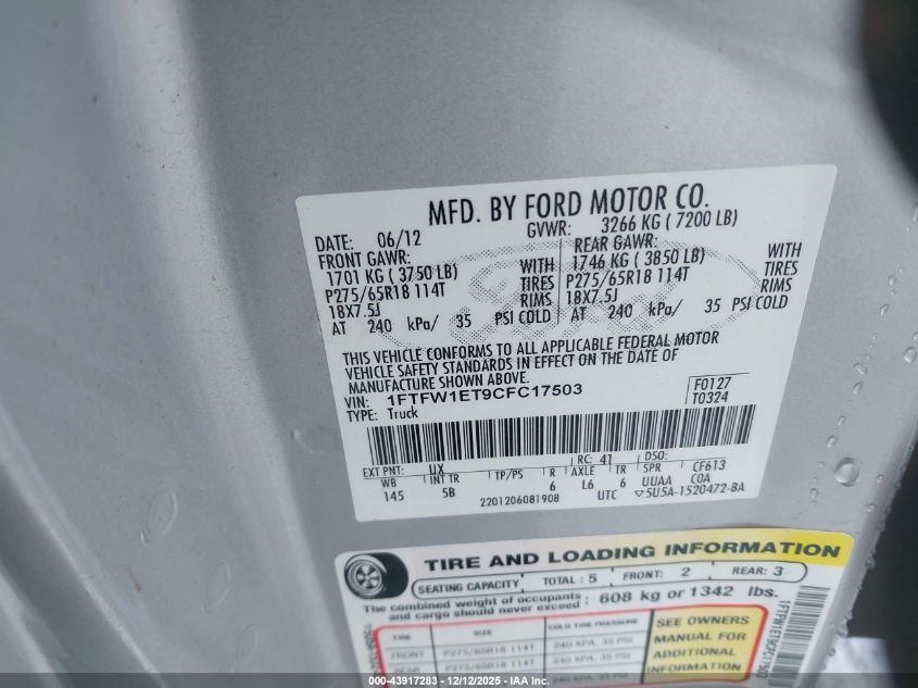 2012 Ford F-150 Fx4 VIN: 1FTFW1ET9CFC17503 Lot: 43917283