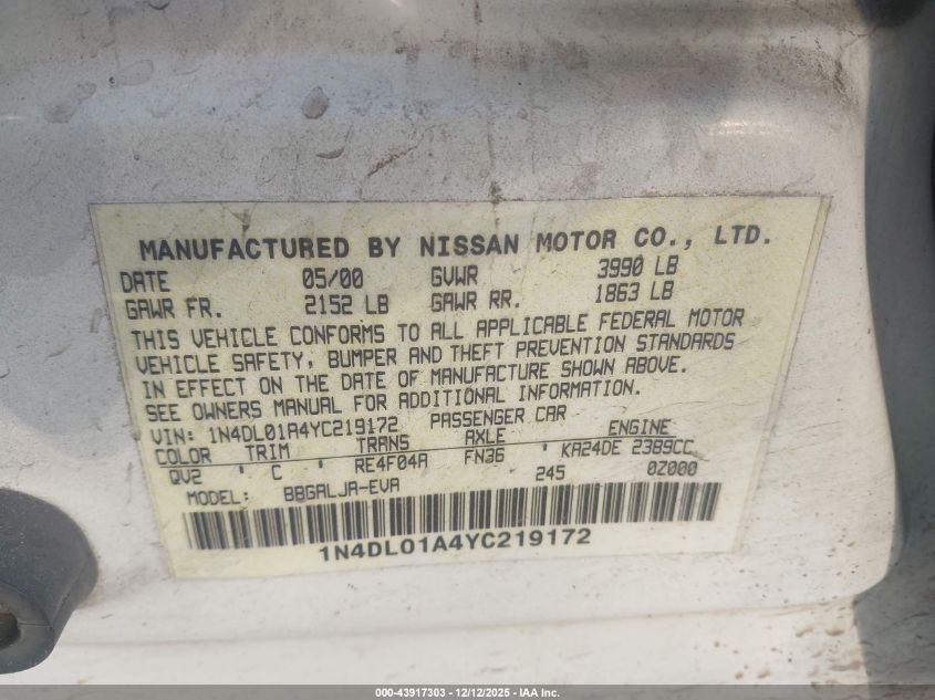 2000 Nissan Altima VIN: 1N4DL01A4YC219172 Lot: 43917303