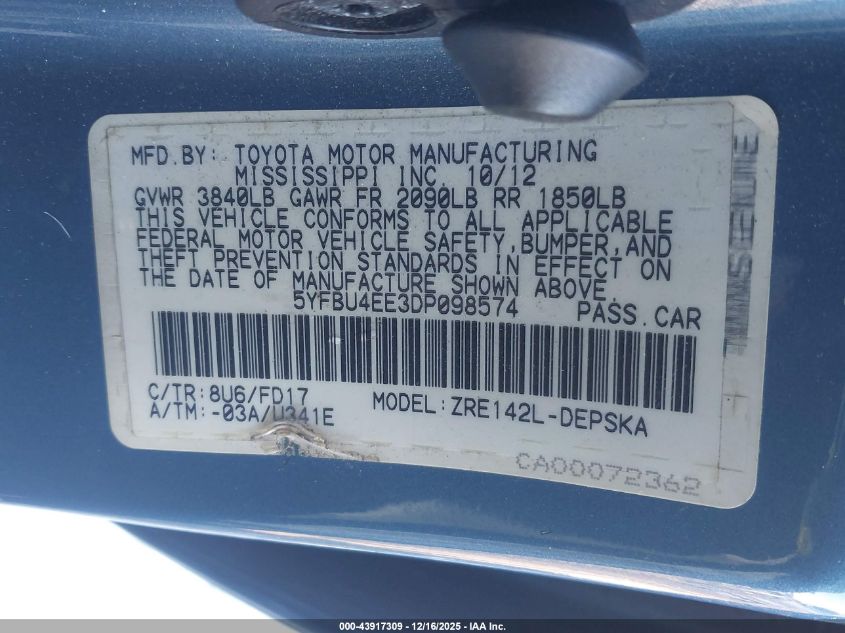 2013 Toyota Corolla S VIN: 5YFBU4EE3DP098574 Lot: 43917309