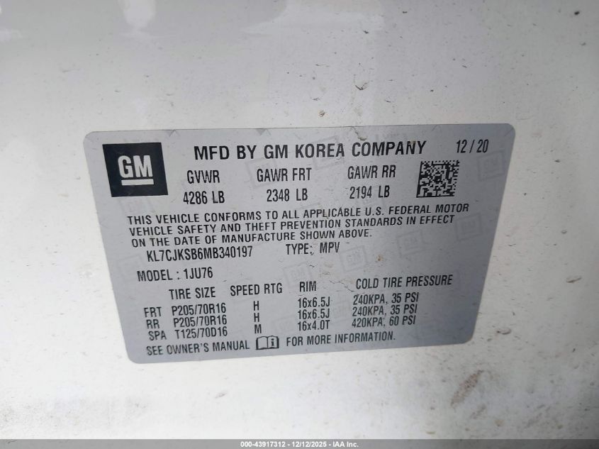 2021 Chevrolet Trax Fwd Ls VIN: KL7CJKSB6MB340197 Lot: 43917312