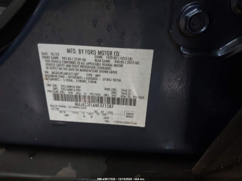 2022 Ford Ecosport S VIN: MAJ6S3FL6NC471587 Lot: 43917320