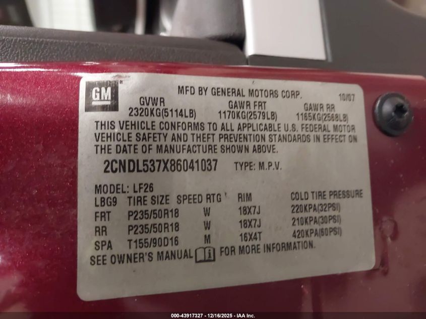 2008 Chevrolet Equinox Sport VIN: 2CNDL537X86041037 Lot: 43917327