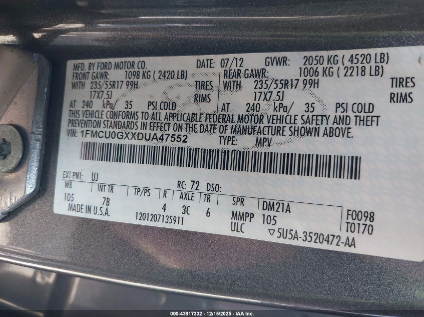 2013 Ford Escape Se VIN: 1FMCU0GXXDUA47552 Lot: 43917332