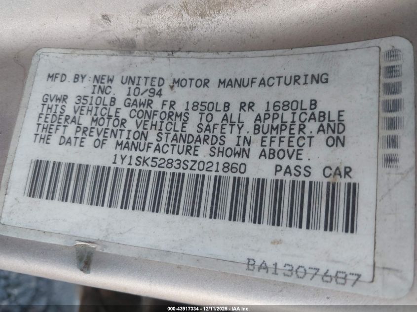 1995 Geo Prizm Lsi VIN: 1Y1SK5283SZ021860 Lot: 43917334