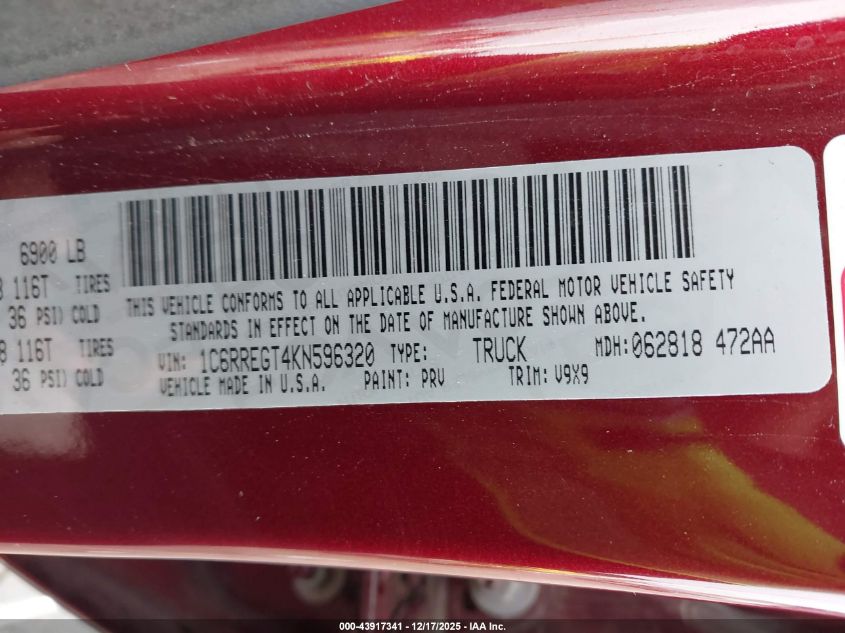 2019 Ram 1500 Tradesman 4X2 5'7 Box VIN: 1C6RREGT4KN596320 Lot: 43917341