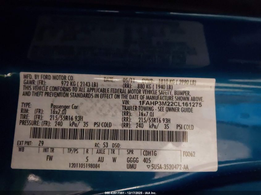 2012 Ford Focus Sel VIN: 1FAHP3M22CL161275 Lot: 43917351