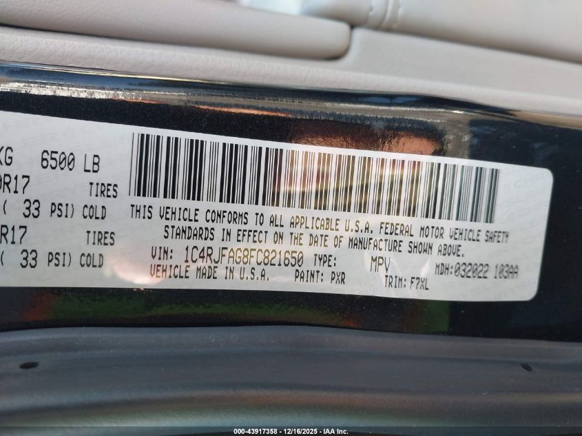 2015 Jeep Grand Cherokee Laredo VIN: 1C4RJFAG8FC821650 Lot: 43917358