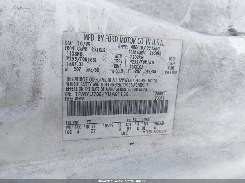 2000 Ford Explorer Sport VIN: 1FMYU70E4YUA81130 Lot: 43917364