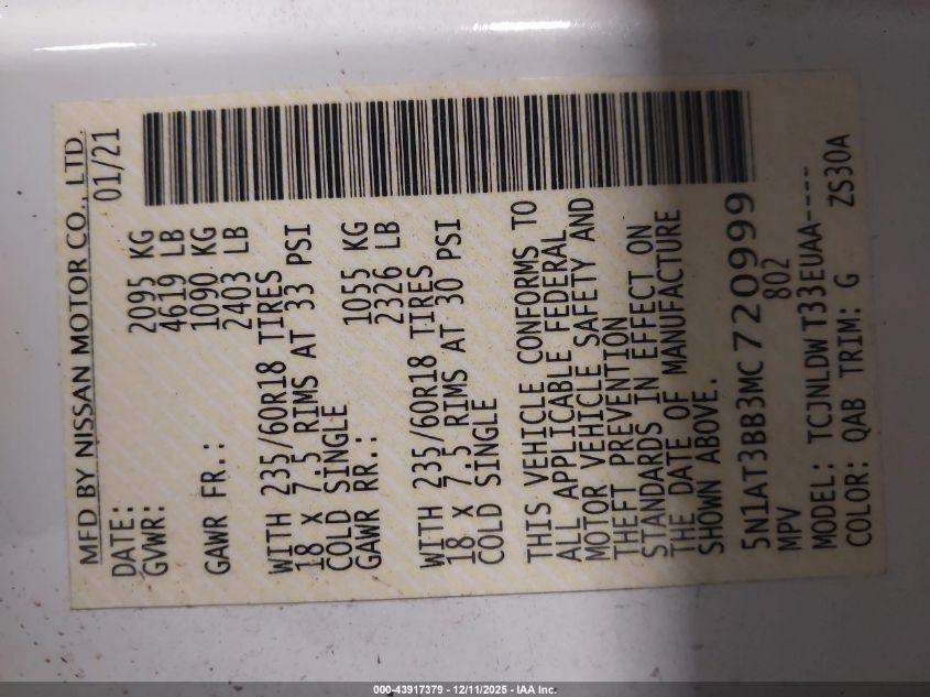 2021 Nissan Rogue Sv Intelligent Awd VIN: 5N1AT3BB3MC720999 Lot: 43917379