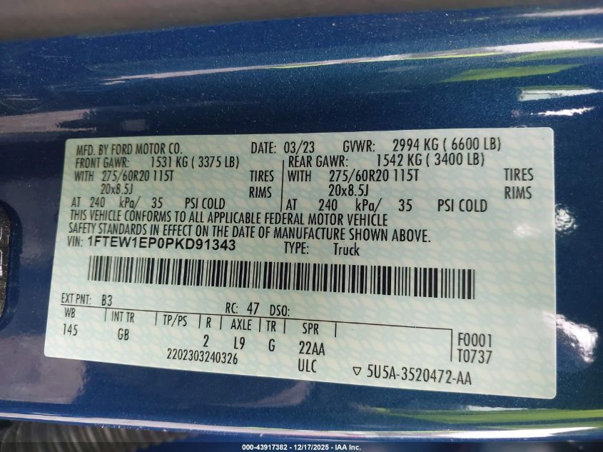 2023 Ford F-150 Xl VIN: 1FTEW1EP0PKD91343 Lot: 43917382