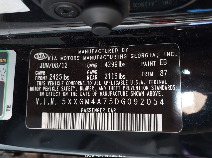 2013 Kia Optima Lx VIN: 5XXGM4A75DG092054 Lot: 43917385