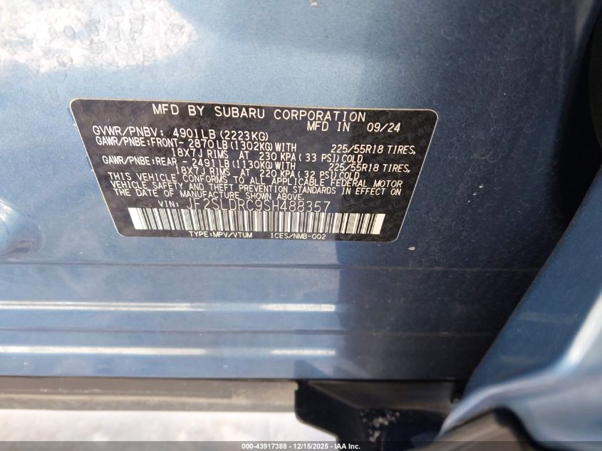 2025 Subaru Forester Limited VIN: JF2SLDRC9SH488357 Lot: 43917388