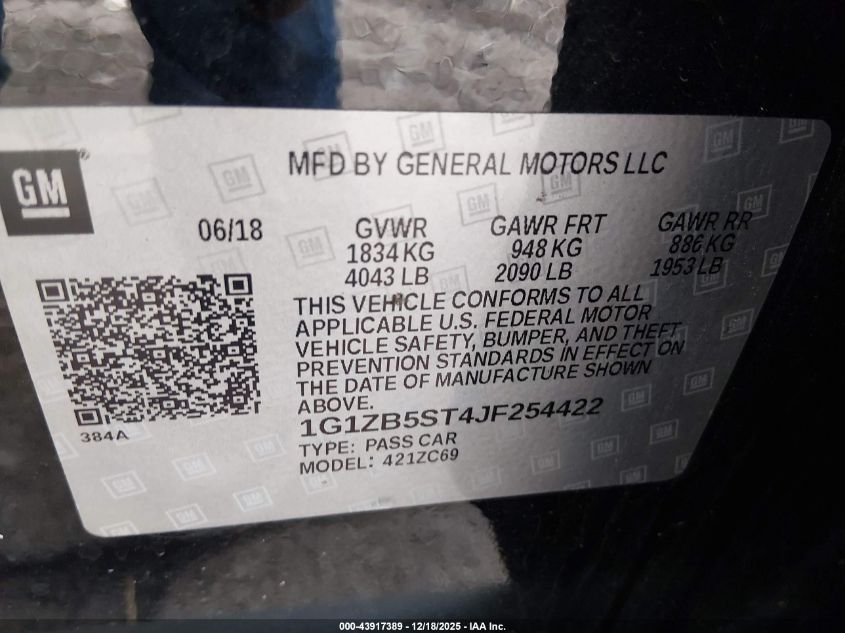 2018 Chevrolet Malibu 1Ls VIN: 1G1ZB5ST4JF254422 Lot: 43917389