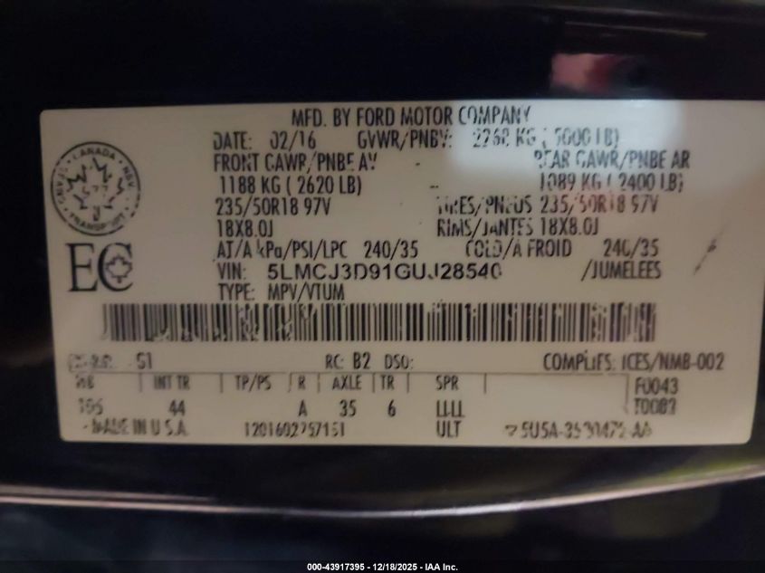 2016 Lincoln Mkc Reserve VIN: 5LMCJ3D91GUJ28540 Lot: 43917395