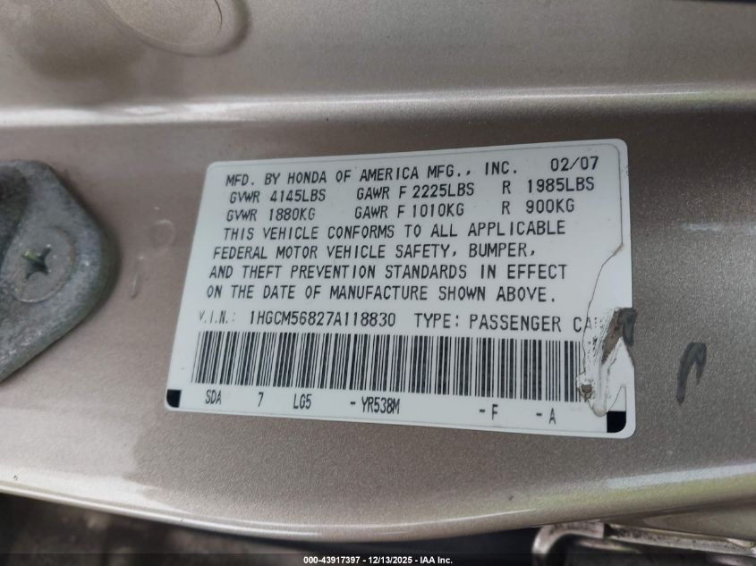 2007 Honda Accord 2.4 Ex VIN: 1HGCM56827A118830 Lot: 43917397