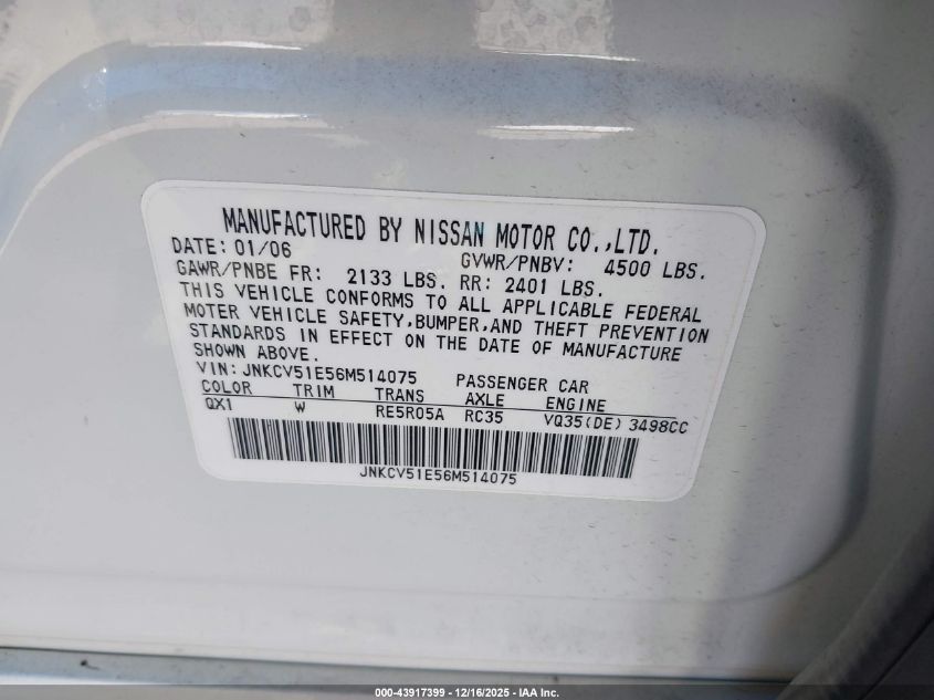 2006 Infiniti G35 VIN: JNKCV51E56M514075 Lot: 43917399