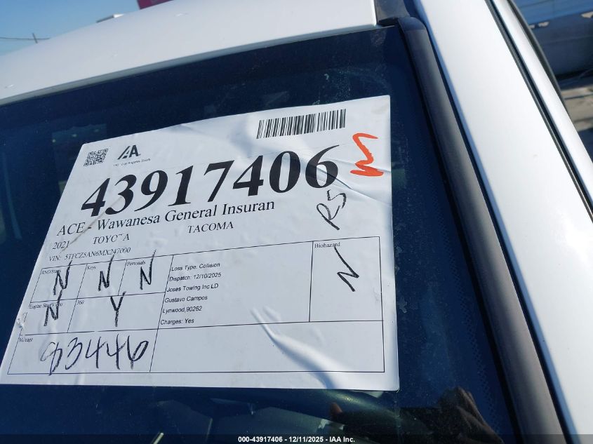 2021 Toyota Tacoma Trd Off-Road VIN: 5TFCZ5AN6MX247000 Lot: 43917406