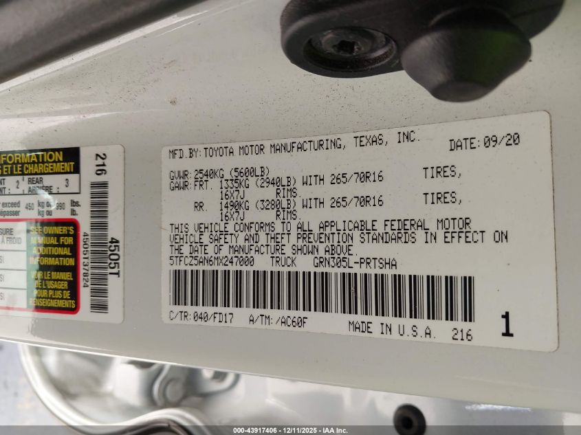 2021 Toyota Tacoma Trd Off-Road VIN: 5TFCZ5AN6MX247000 Lot: 43917406