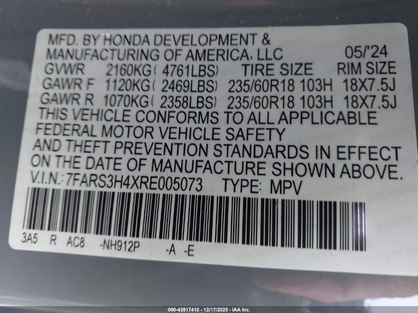 2024 Honda Cr-V Ex 2Wd VIN: 7FARS3H4XRE005073 Lot: 43917410