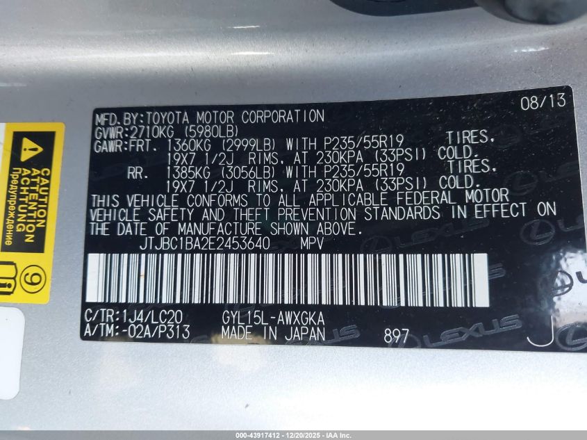 2014 Lexus Rx 450H VIN: JTJBC1BA2E2453640 Lot: 43917412