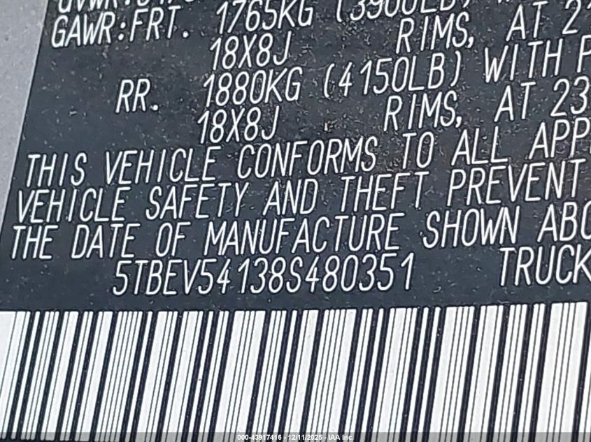 2008 Toyota Tundra Sr5 5.7L V8 VIN: 5TBEV54138S480351 Lot: 43917416
