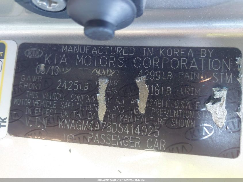 2013 Kia Optima Lx VIN: KNAGM4A78D5414025 Lot: 43917420