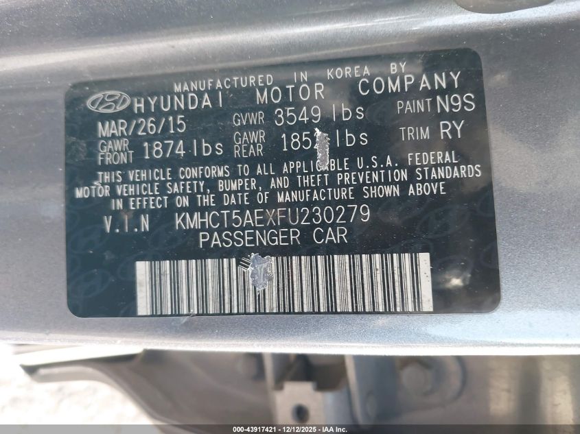 2015 Hyundai Accent Gs VIN: KMHCT5AEXFU230279 Lot: 43917421
