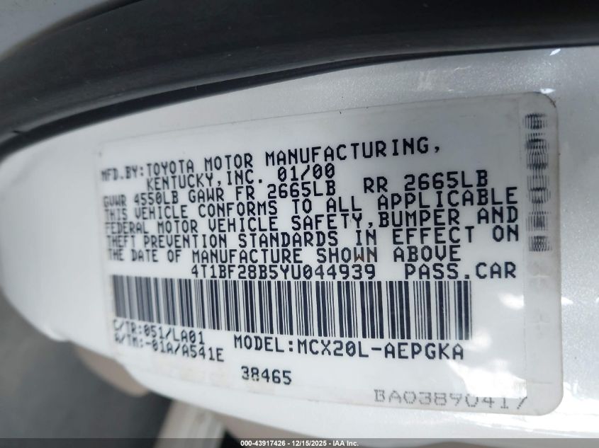 2000 Toyota Avalon Xls VIN: 4T1BF28B5YU044939 Lot: 43917426