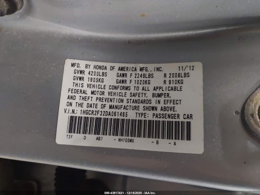 2013 Honda Accord Lx VIN: 1HGCR2F32DA061495 Lot: 43917431