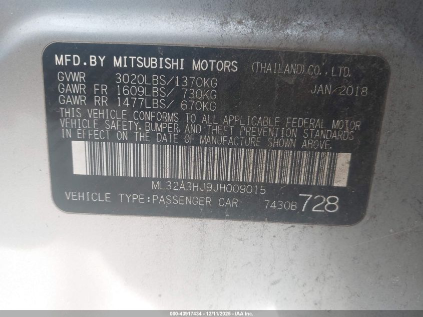 2018 Mitsubishi Mirage Es VIN: ML32A3HJ9JH009015 Lot: 43917434