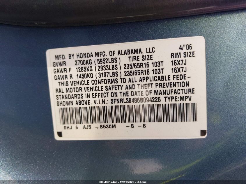 2006 Honda Odyssey Ex VIN: 5FNRL38486B094226 Lot: 43917446