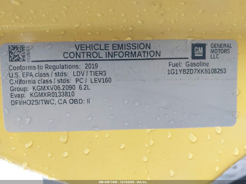 2019 Chevrolet Corvette Stingray VIN: 1G1YB2D7XK5108253 Lot: 43917449