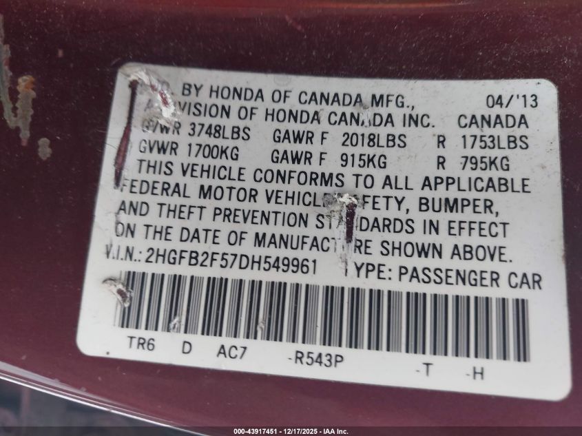 2013 Honda Civic Lx VIN: 2HGFB2F57DH549961 Lot: 43917451