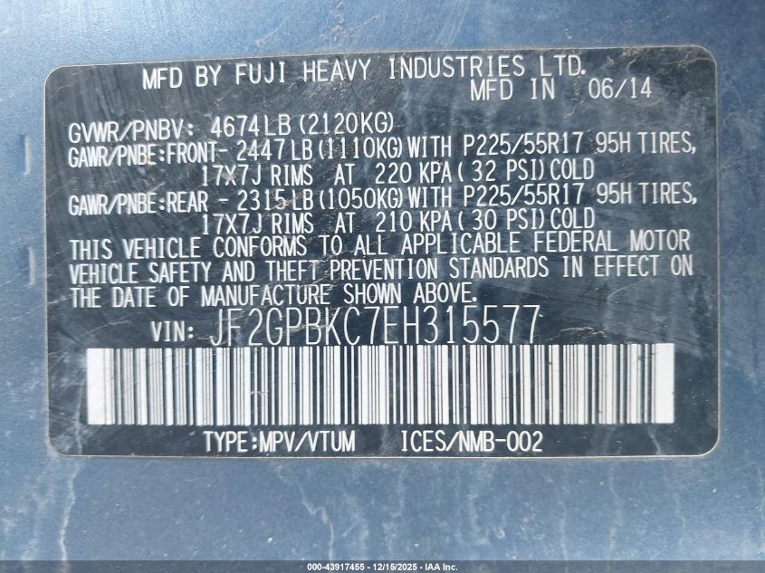 2014 Subaru Xv Crosstrek Hybrid 2.0I Touring VIN: JF2GPBKC7EH315577 Lot: 43917455