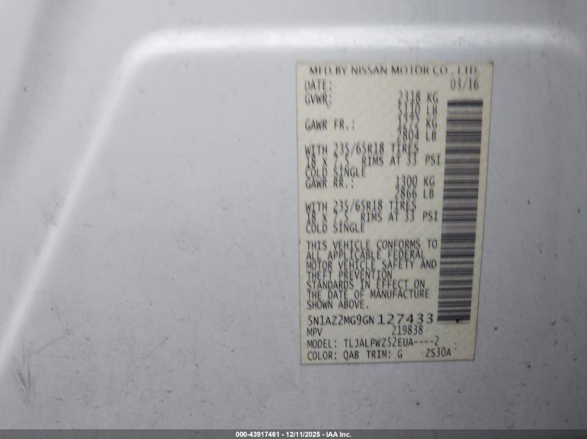 2016 Nissan Murano S VIN: 5N1AZ2MG9GN127433 Lot: 43917461