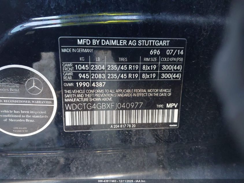 2015 Mercedes-Benz Gla 250 4Matic VIN: WDCTG4GBXFJ040977 Lot: 43917463