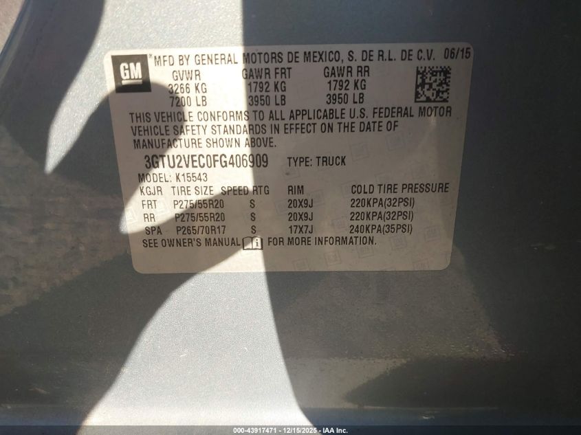 2015 GMC Sierra 1500 Slt VIN: 3GTU2VEC0FG406909 Lot: 43917471