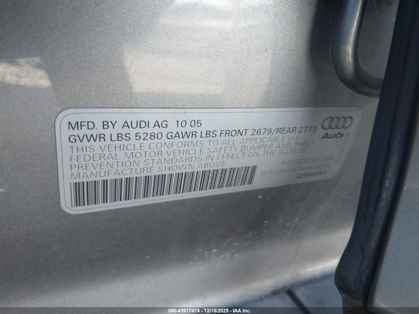 2006 Audi A6 3.2 VIN: WAUDH74F16N098854 Lot: 43917474