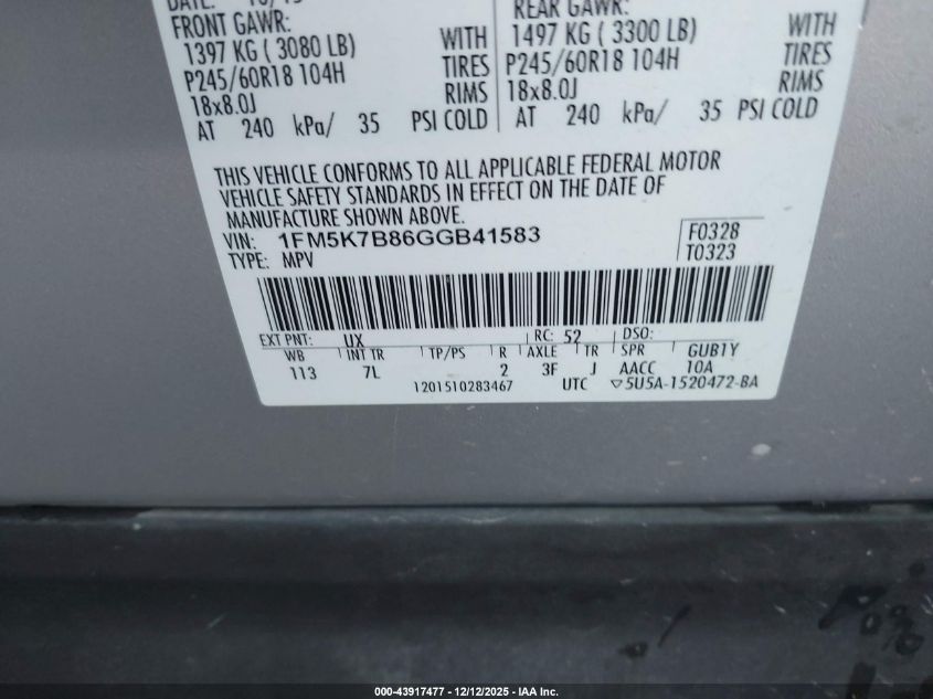 2016 Ford Explorer VIN: 1FM5K7B86GGB41583 Lot: 43917477