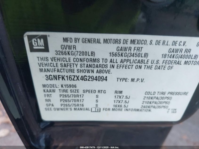 2004 Chevrolet Suburban 1500 Z71 VIN: 3GNFK16ZX4G294094 Lot: 43917479