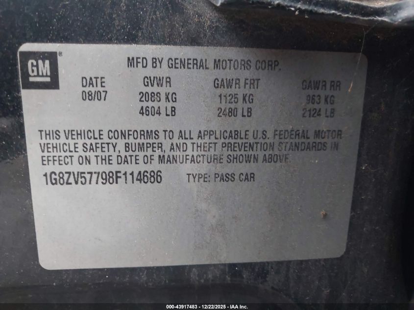 2008 Saturn Aura Xr VIN: 1G8ZV57798F114686 Lot: 43917483