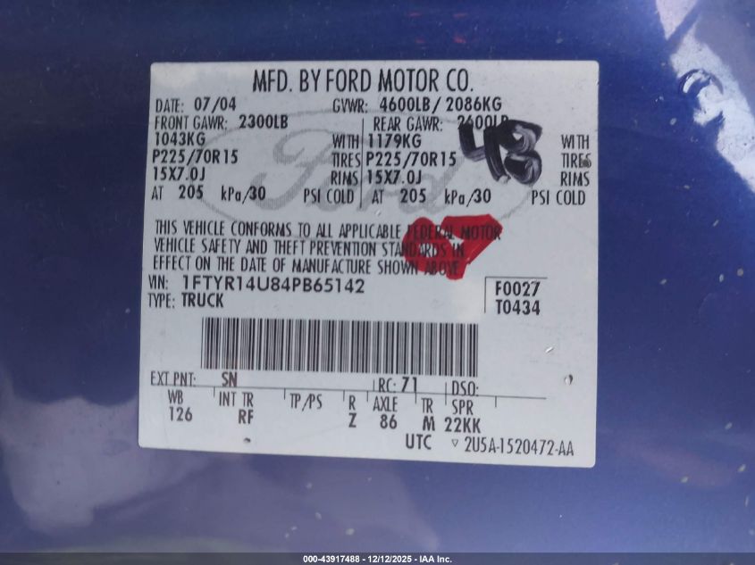 2004 Ford Ranger Edge/Tremor/Xl/Xlt VIN: 1FTYR14U84PB65142 Lot: 43917488