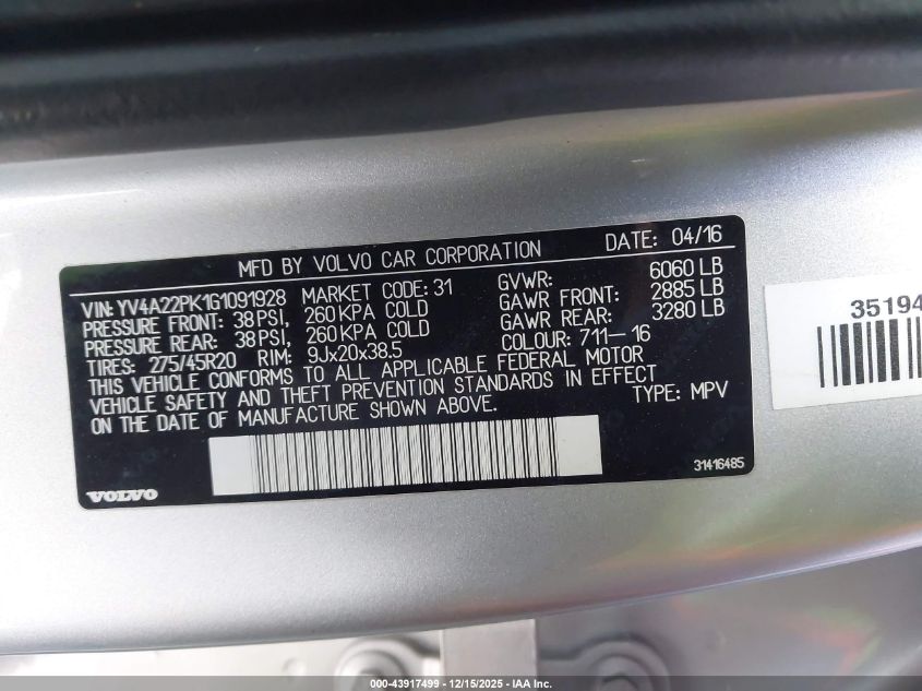 2016 Volvo Xc90 T6 Momentum VIN: YV4A22PK1G1091928 Lot: 43917499