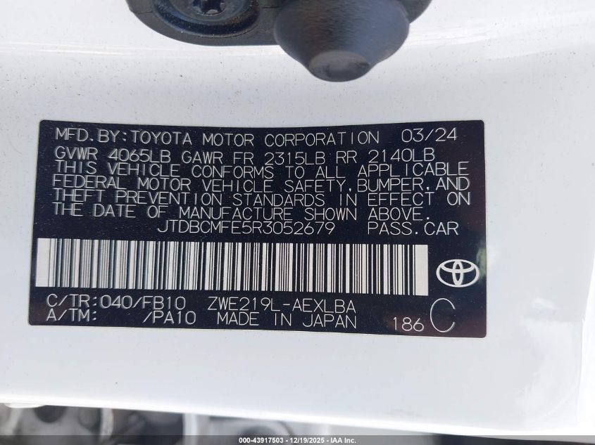2024 Toyota Corolla Hybrid Le VIN: JTDBCMFE5R3052679 Lot: 43917503