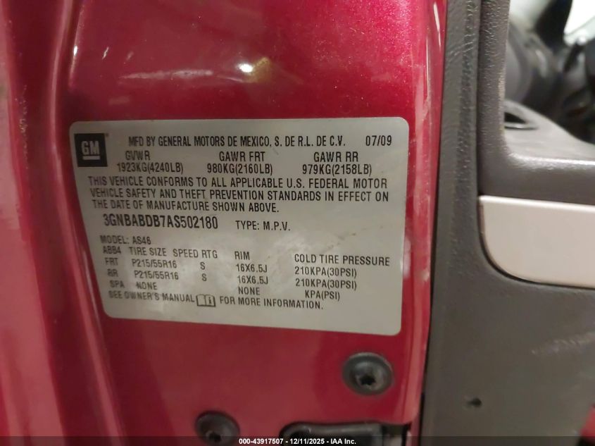 2010 Chevrolet Hhr Lt VIN: 3GNBABDB7AS502180 Lot: 43917507