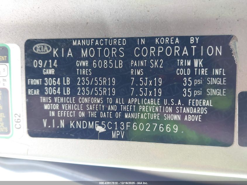 2015 Kia Sedona Sx Luxury VIN: KNDME5C13F6027669 Lot: 43917518