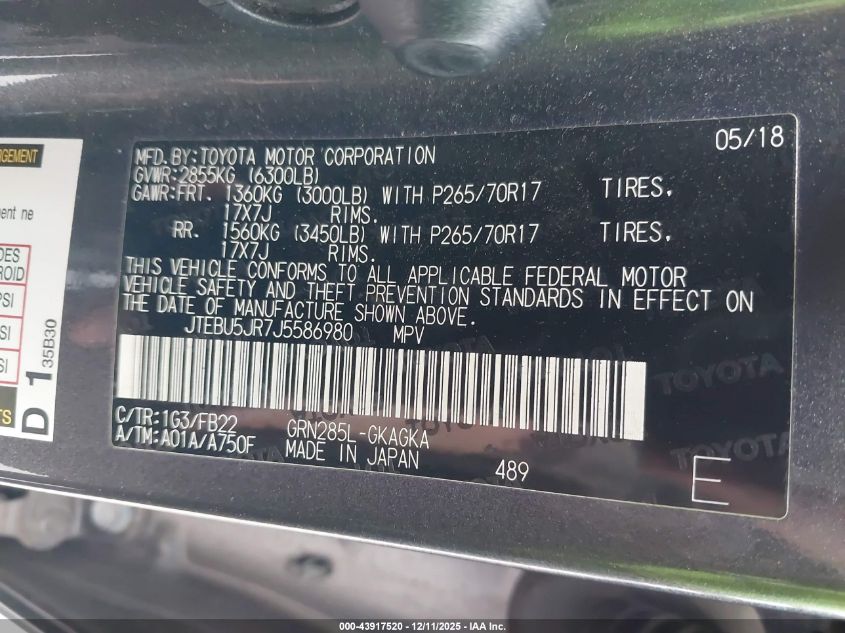 2018 Toyota 4Runner Sr5 VIN: JTEBU5JR7J5586980 Lot: 43917520